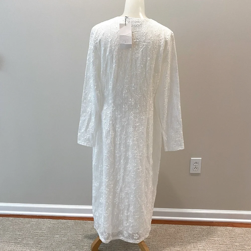 Zara NWT white crochet lace midi dress V neck long sleeve lined size Large - Picture 8 of 13